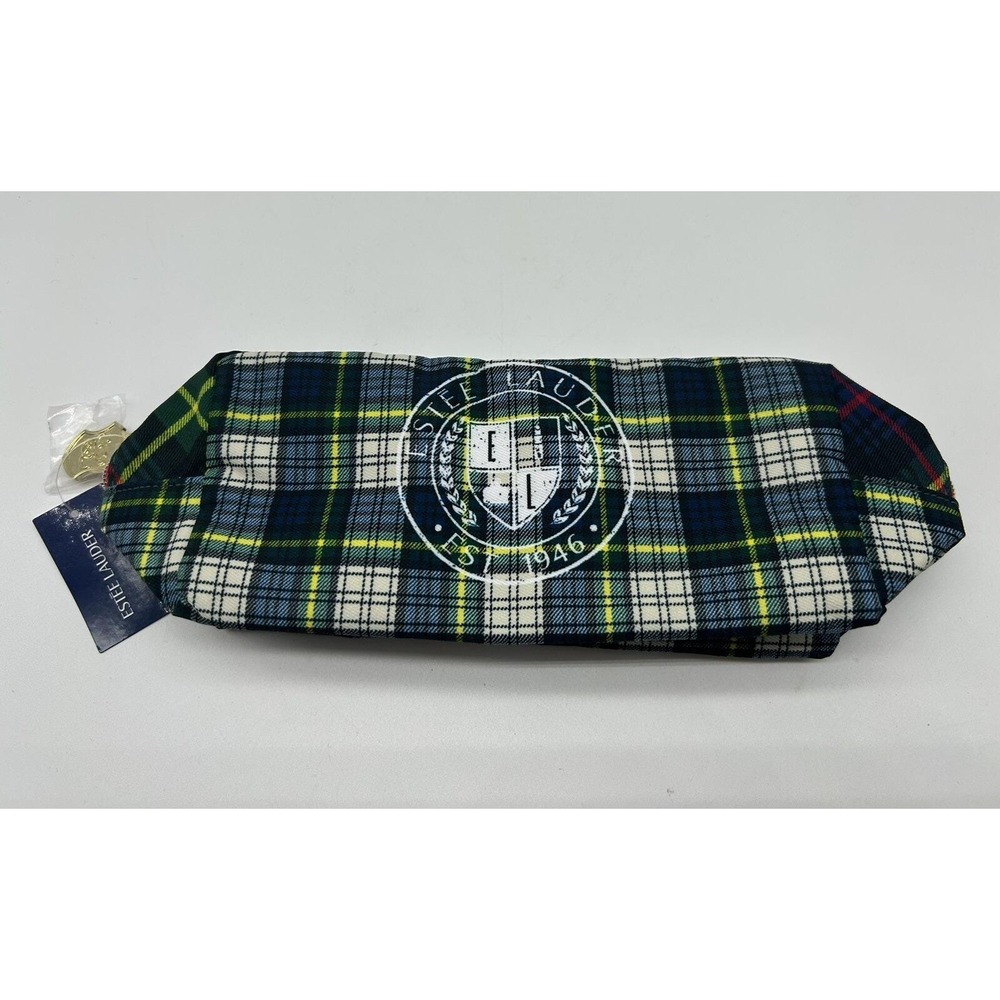 NEW Estee Lauder Zippered Plaid Cosmetics Make Up Travel Bag Blue Tartan 9x4x4